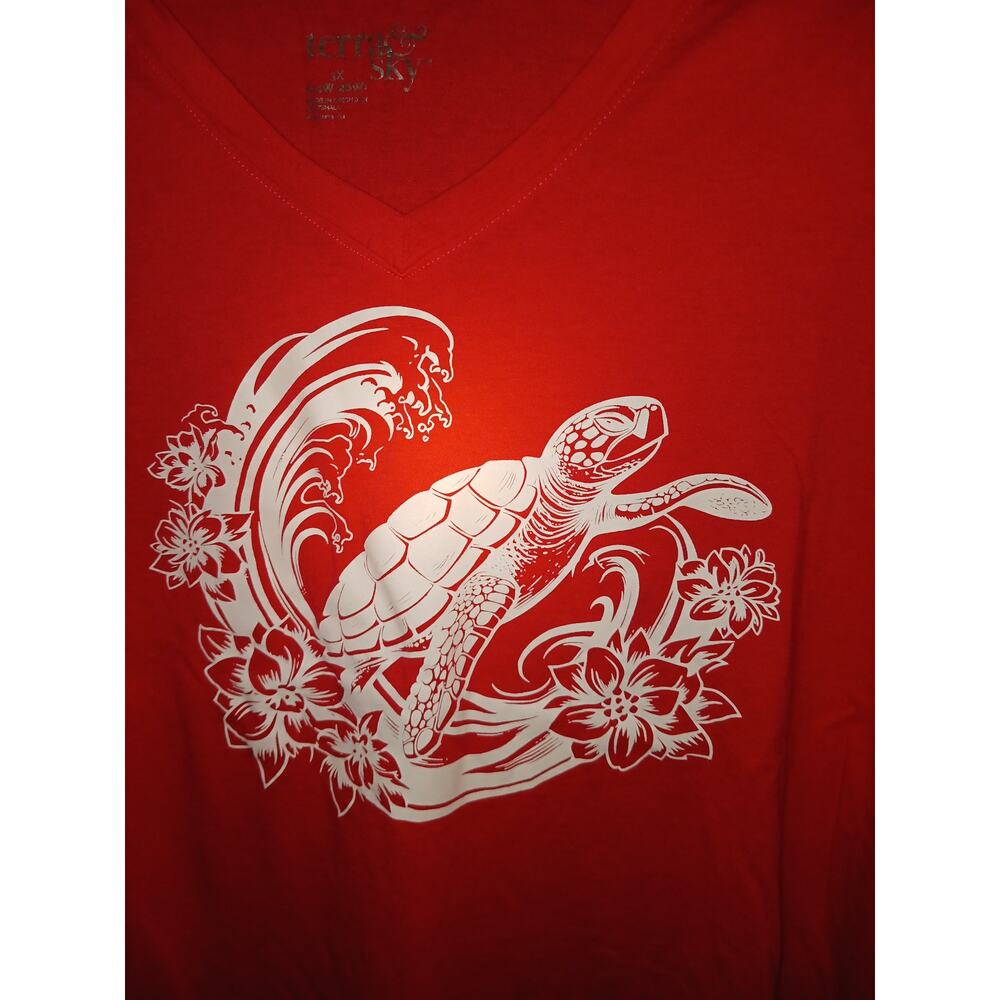 Sea Turtle on Ocean Wave Graphic V-Neck T-Shirt Size 3XL
